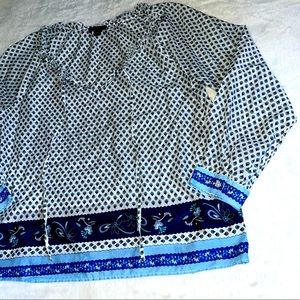 J Crew Organic Cotton Blue & White Floral V Neck Long Sleeve Pheasant Top - Sz M
